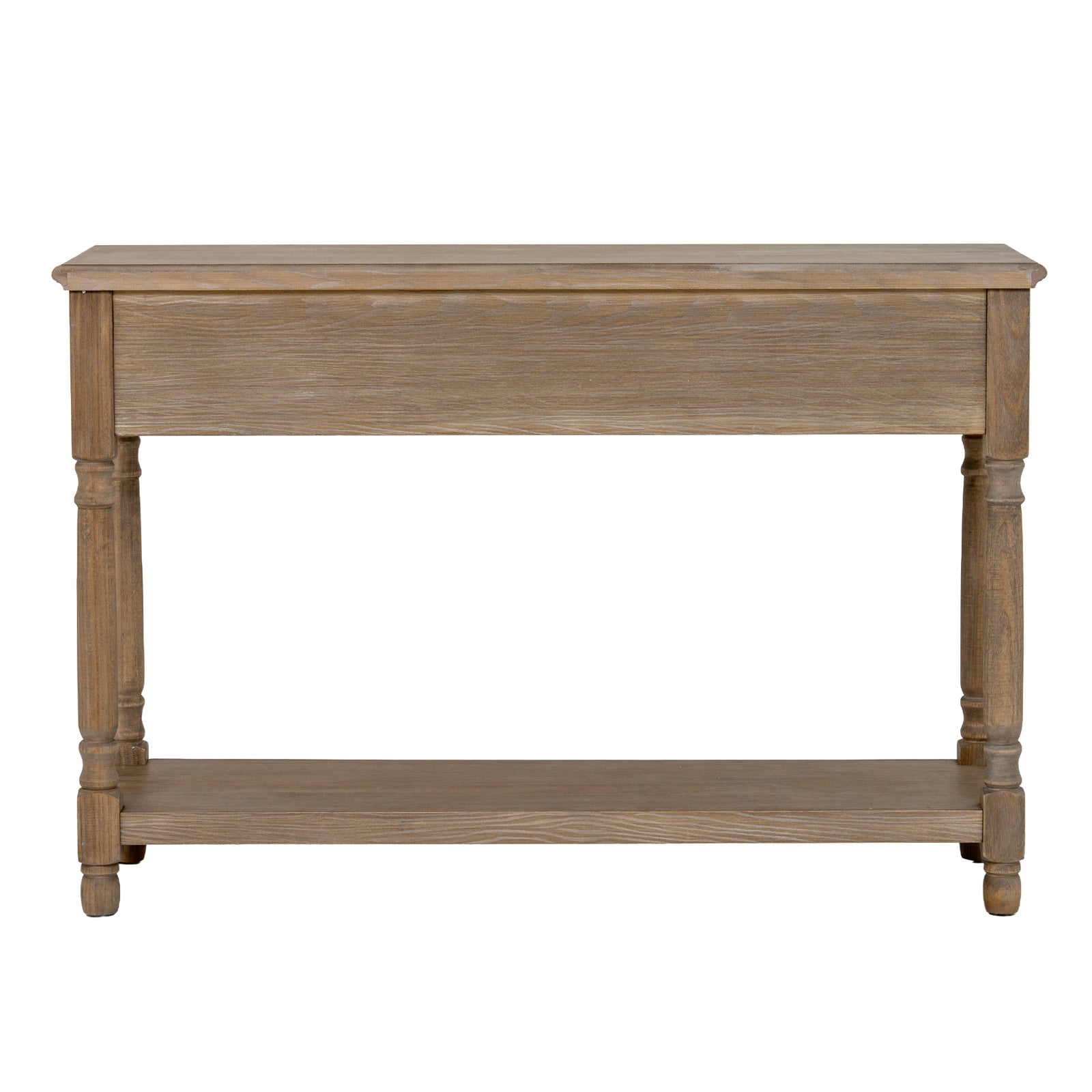 Dine and Dwell Leamington brown wood sideboard with three drawers and shelf, modern console table for living room or entryway.
