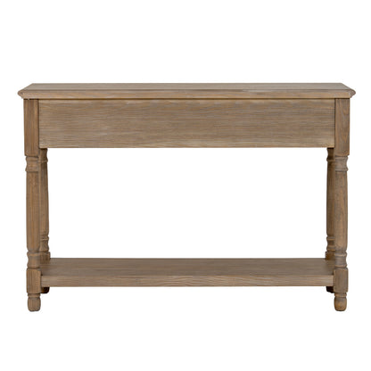Dine and Dwell Leamington brown wood sideboard with three drawers and shelf, modern console table for living room or entryway.