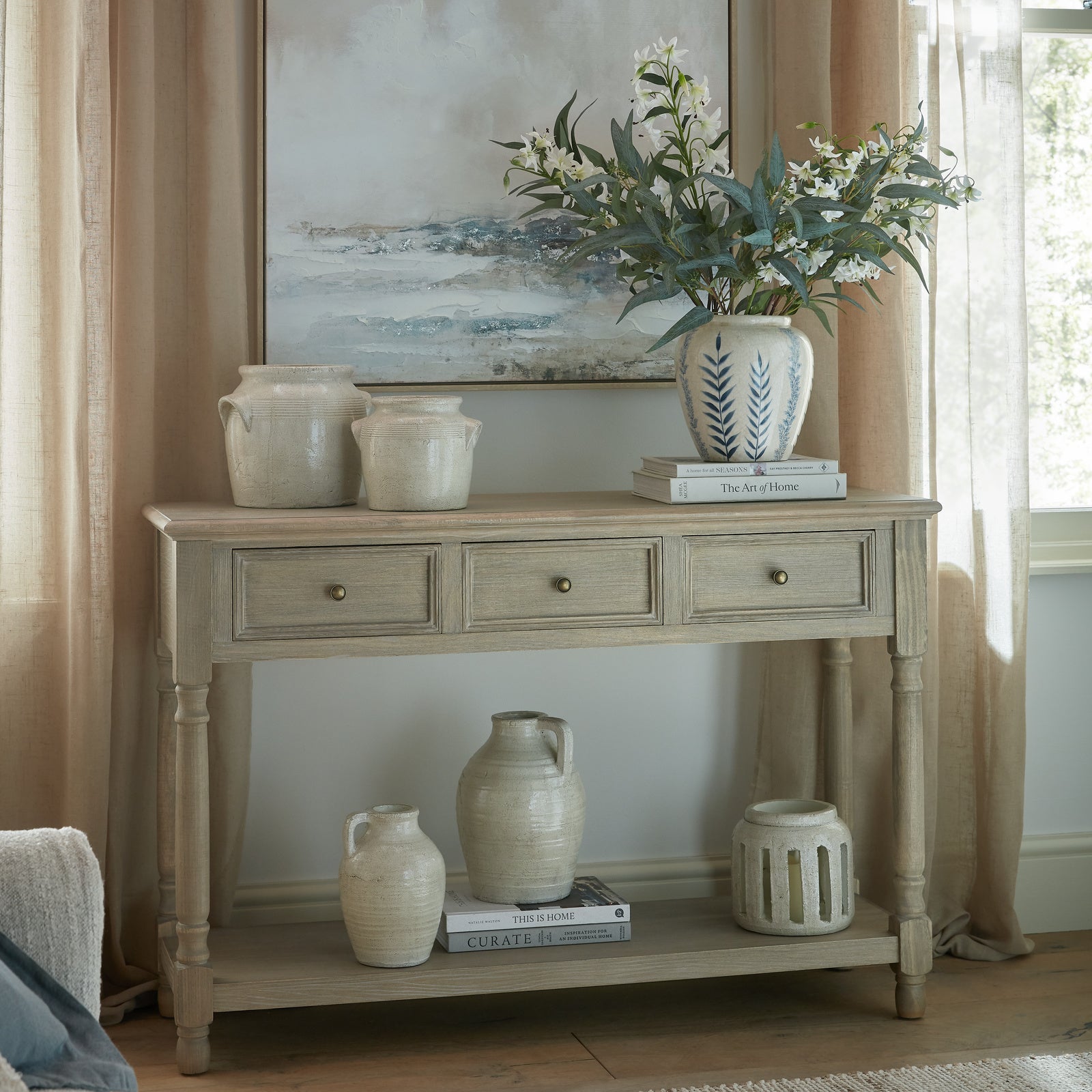 Dine and Dwell Leamington brown wood sideboard with 3 drawers and shelf for living room or hallway storage.