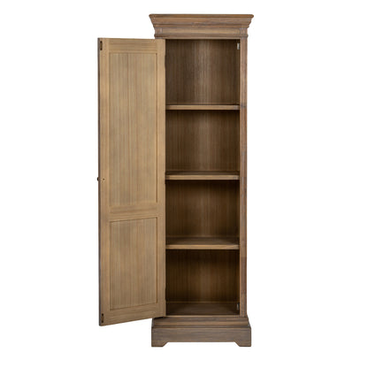 Dine and Dwell Leamington brown wood 1-door tall cabinet with sleek design and sturdy construction for storage.