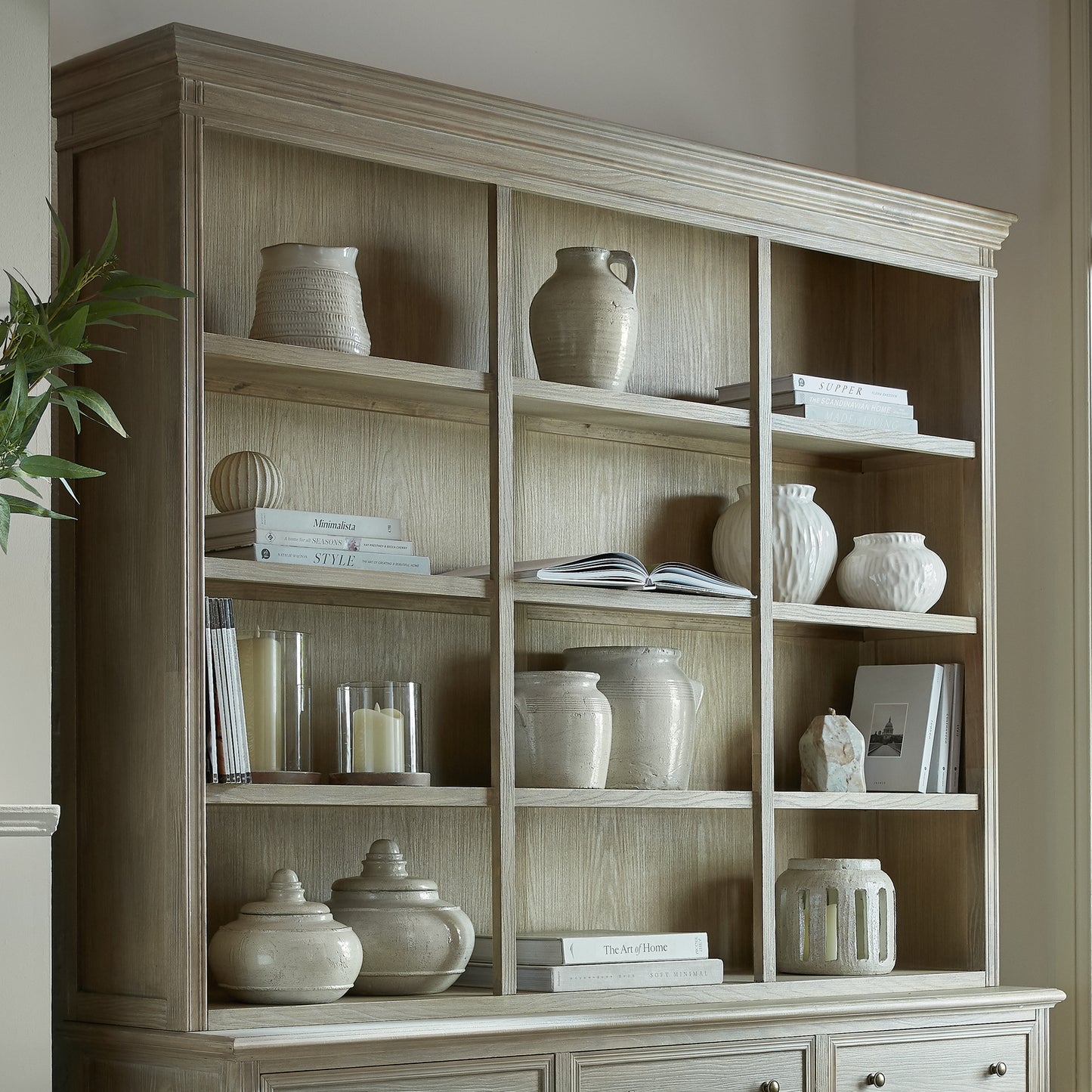 Brown wooden Dine and Dwell Leamington large 3-shelf sideboard dresser top with spacious storage and sleek design.