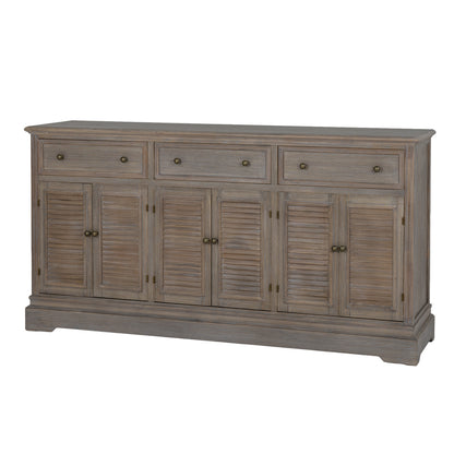 Dine and Dwell Leamington large brown wood sideboard with 6 doors and 3 drawers, showcasing its spacious storage and modern design.