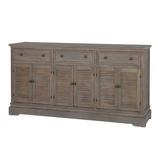 Dine and Dwell Leamington large brown wood sideboard with 6 doors and 3 drawers, showcasing its spacious storage and modern design.