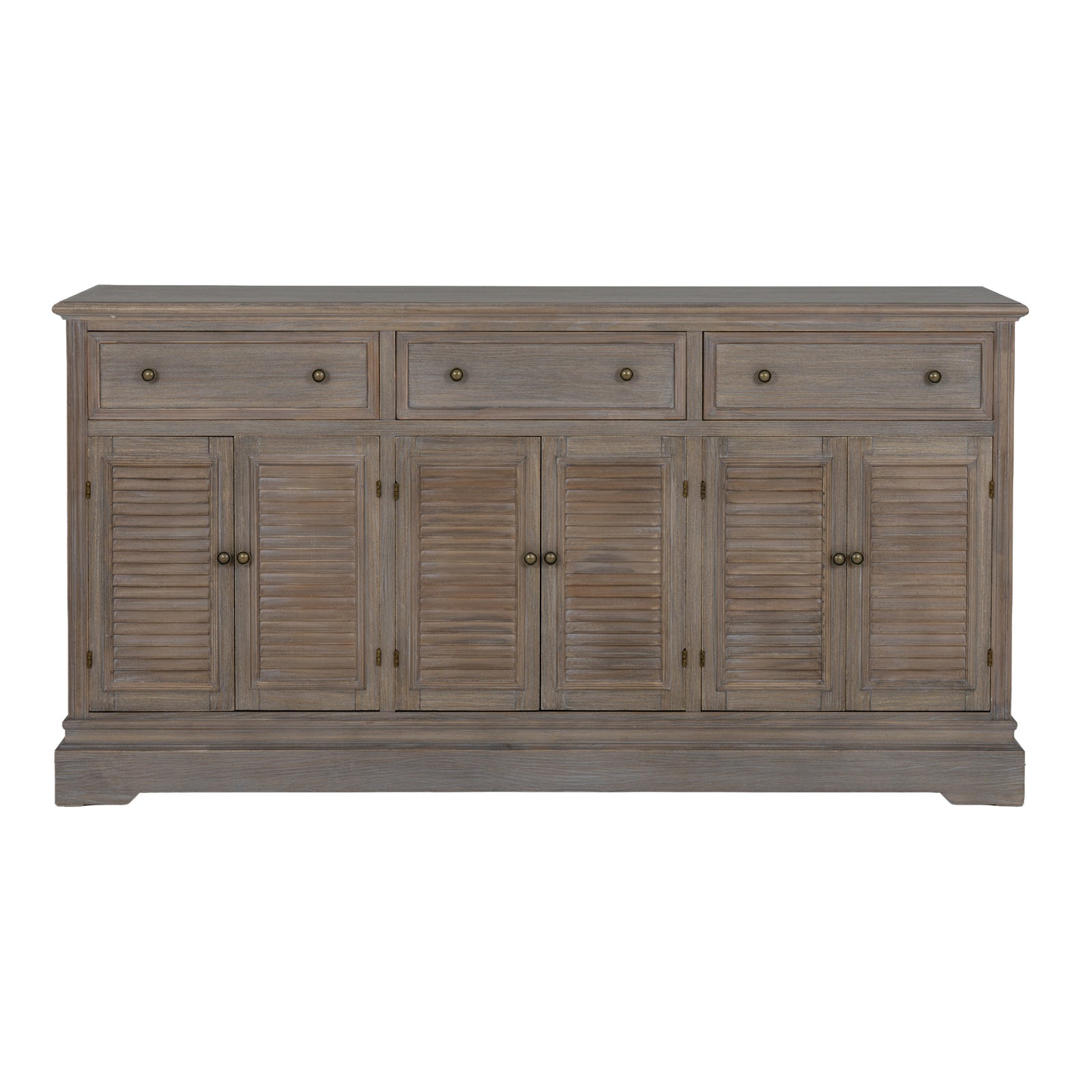 Dine and Dwell Leamington large brown wood sideboard with six doors and three drawers, used as a dresser base or storage cabinet.