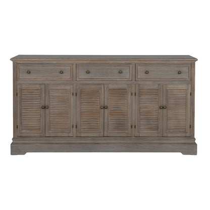Dine and Dwell Leamington large brown wood sideboard with six doors and three drawers, used as a dresser base or storage cabinet.