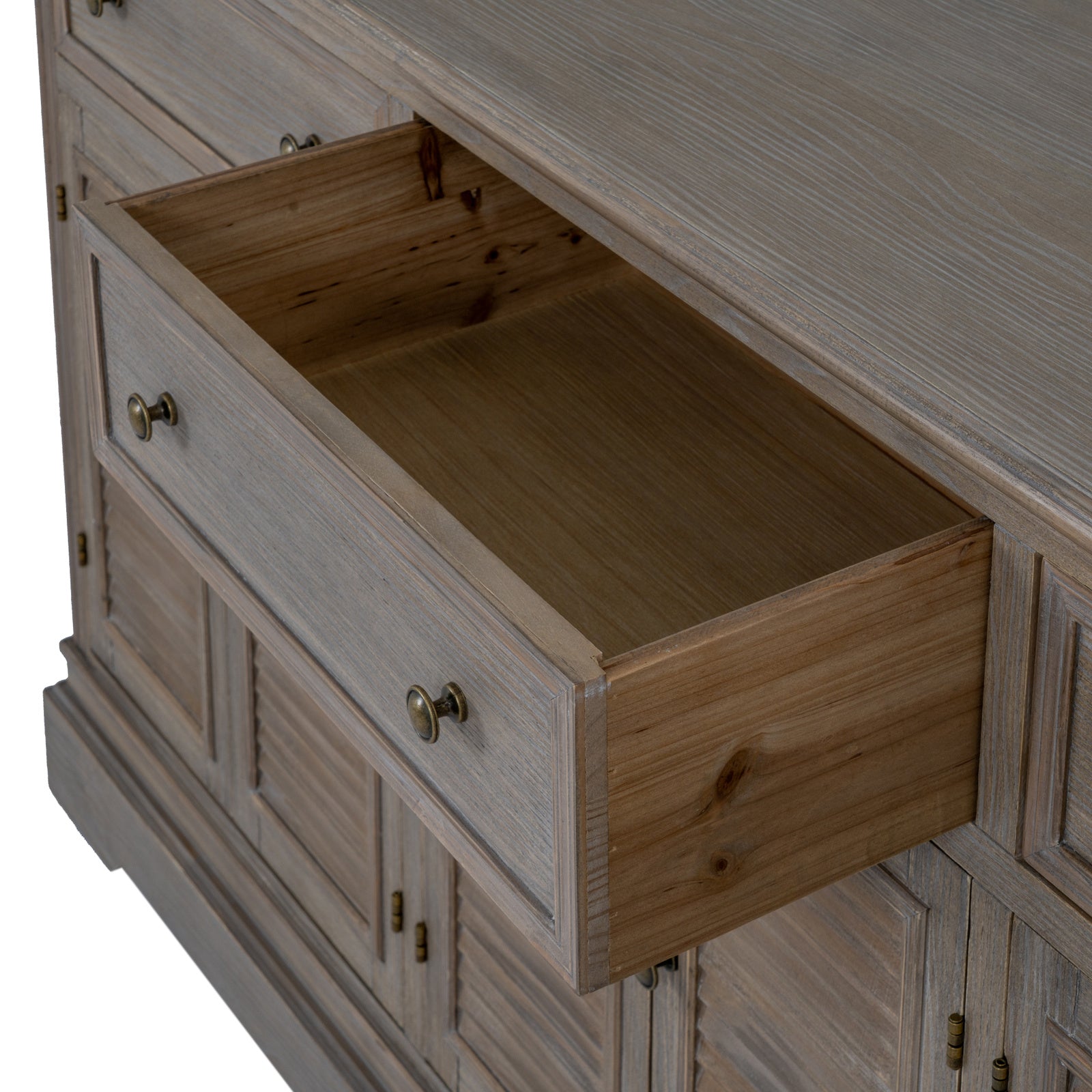 Dine and Dwell Leamington large brown wood sideboard with 6 doors and 3 drawers, showcasing a stylish modern dresser base.