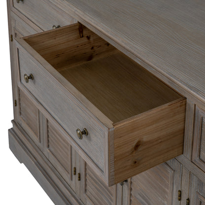 Dine and Dwell Leamington large brown wood sideboard with 6 doors and 3 drawers, showcasing a stylish modern dresser base.