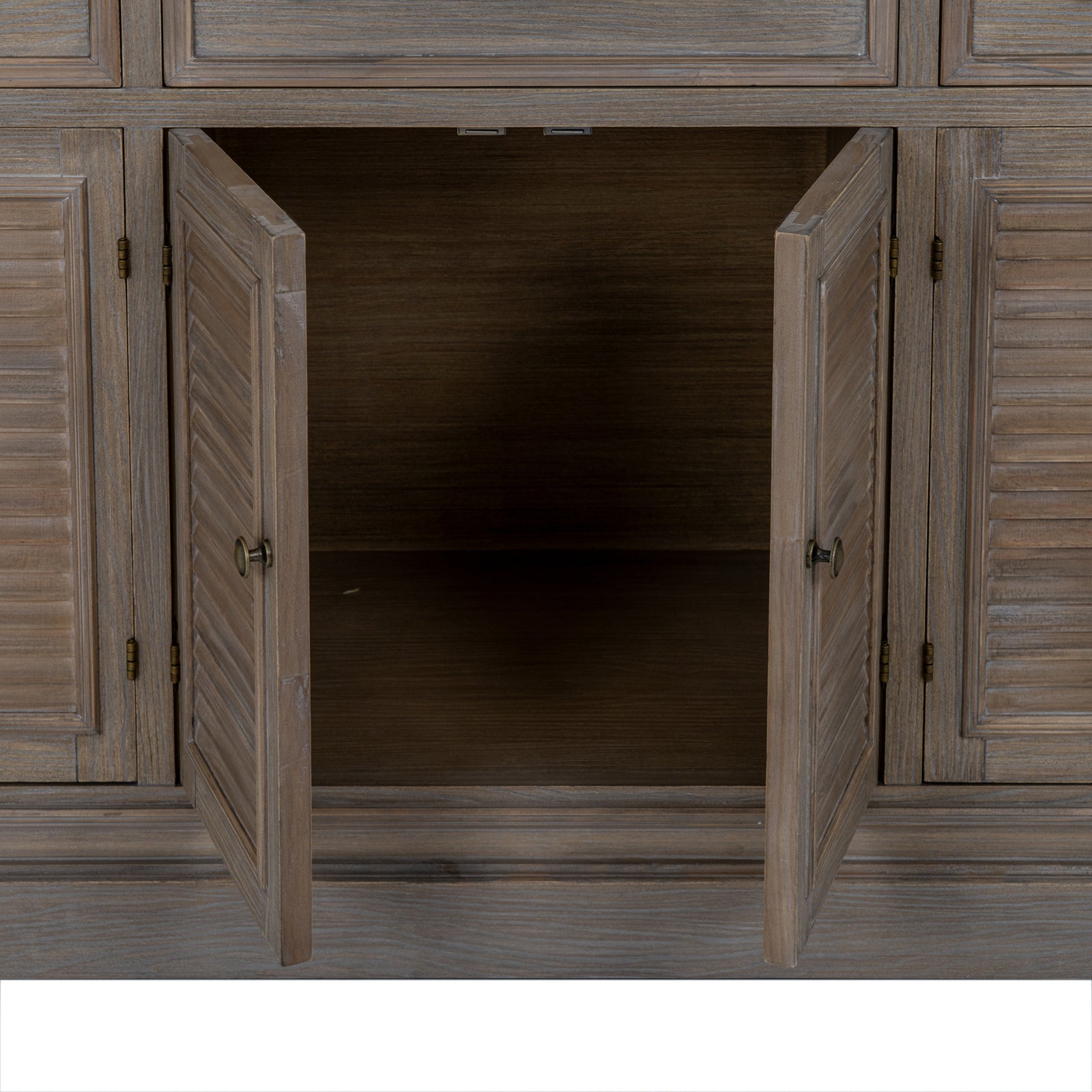 Dine and Dwell Leamington large brown wood sideboard with six doors and three drawers, sturdy and stylish for modern dining rooms.