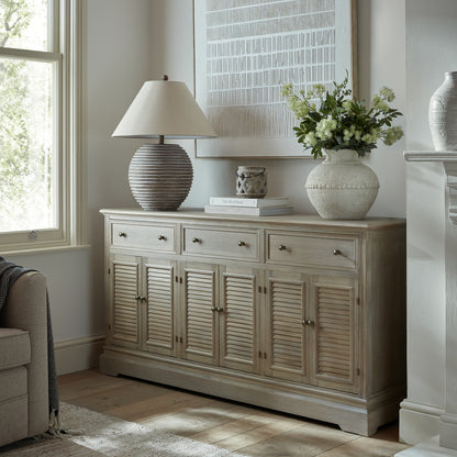 Dine and Dwell Leamington large brown wood sideboard with 6 doors and 3 drawers, modern storage furniture for living room or dining area.