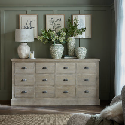 Dine and Dwell Tunbridge 12-drawer sideboard with organized storage, large wooden chest for dining room or living space.