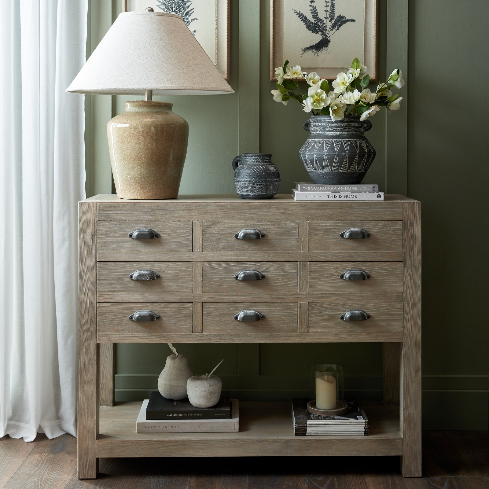 Dine and Dwell Tunbridge 9-drawer sideboard with display shelf, large storage chest for dining rooms and kitchens.
